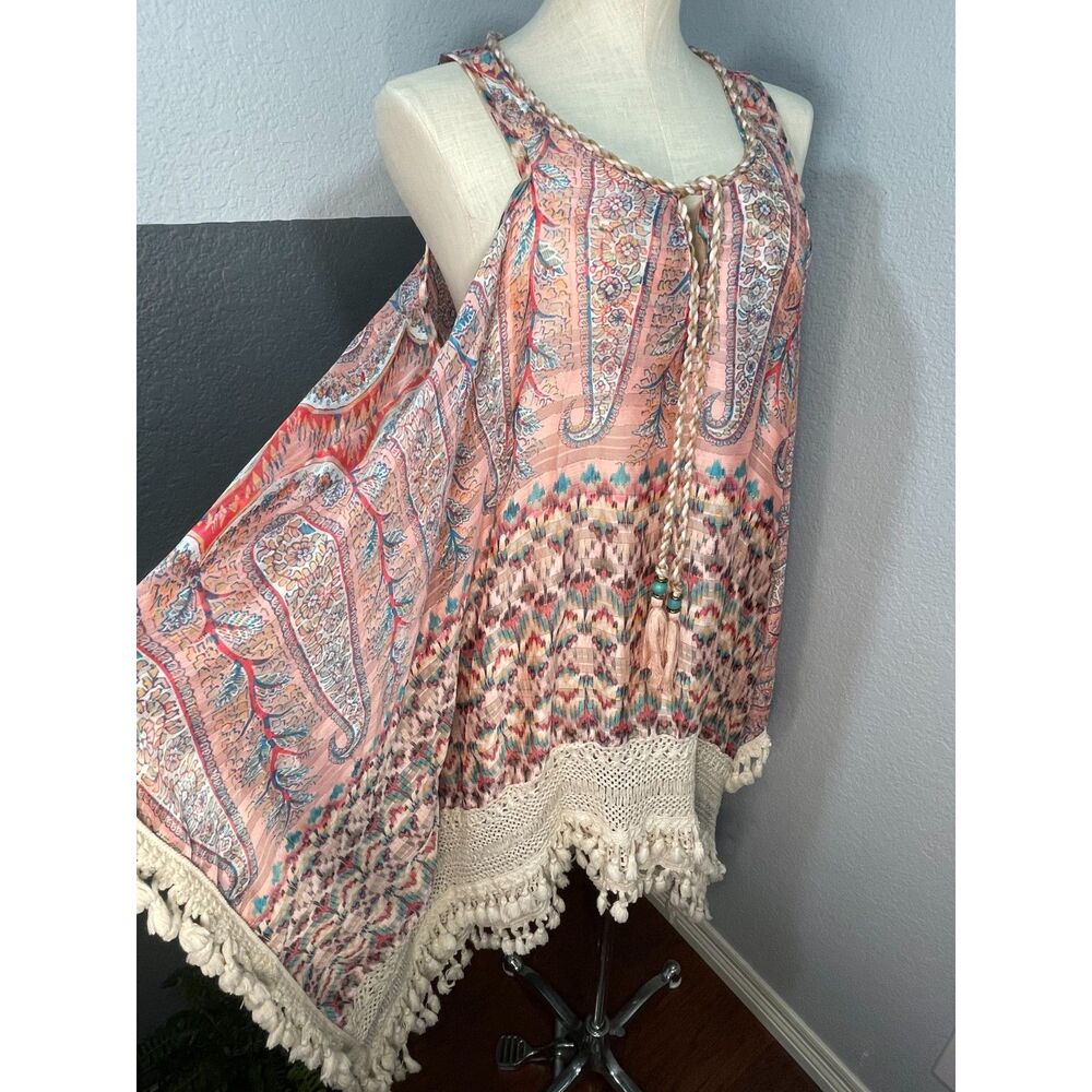 Casting Paris Tunic Top Large Pink Paisley Crochet Fringe L Coverup - Picture 1 of 10